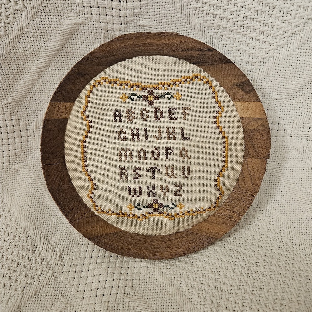 Vintage Cross Stitch Folk Art Sampler Alphabet Framed Needle Point Round